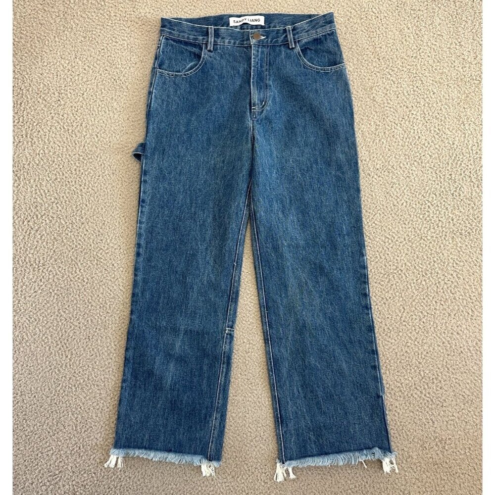 Sandy Liang Denim Wide Leg Jeans with Frayed Hem